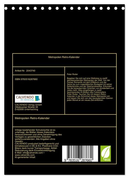 Produktbild: Metropolen Retro-Kalender (Tischkalender 2026 DIN A5 hoch), CALVENDO Monatskalender
