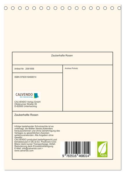 Produktbild: Zauberhafte Rosen (Tischkalender 2026 DIN A5 hoch), CALVENDO Monatskalender
