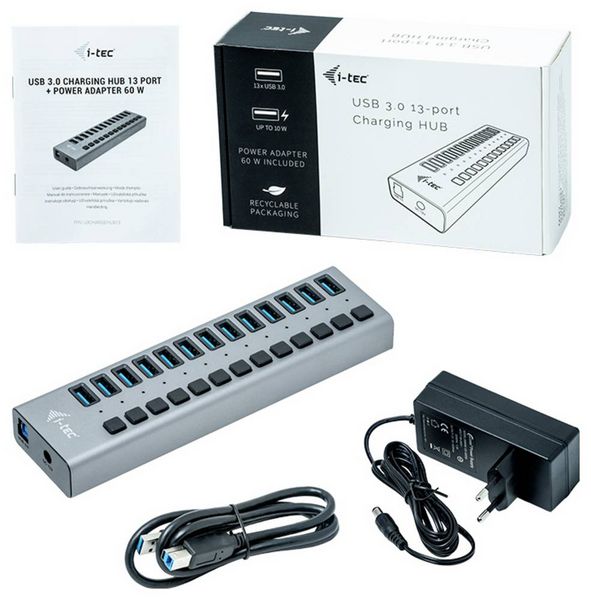 Produktbild: i-tec U3CHARGEHUB13 USB-Hub 13 Port USB-A USB 3.0 5 GBit/s Grau I-TEC USB 3.0 Charging HUB 13 Port