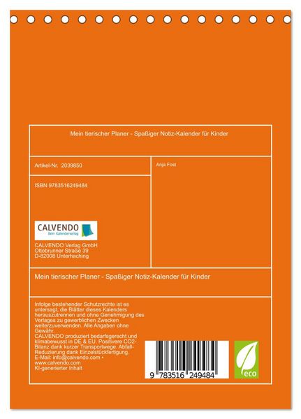 Produktbild: Mein tierischer Planer - Spa&szlig;iger Notiz-Kalender f&uuml;r Kinder (Tischkalender 2026 DIN A5 hoch), CALVENDO Monatskalender