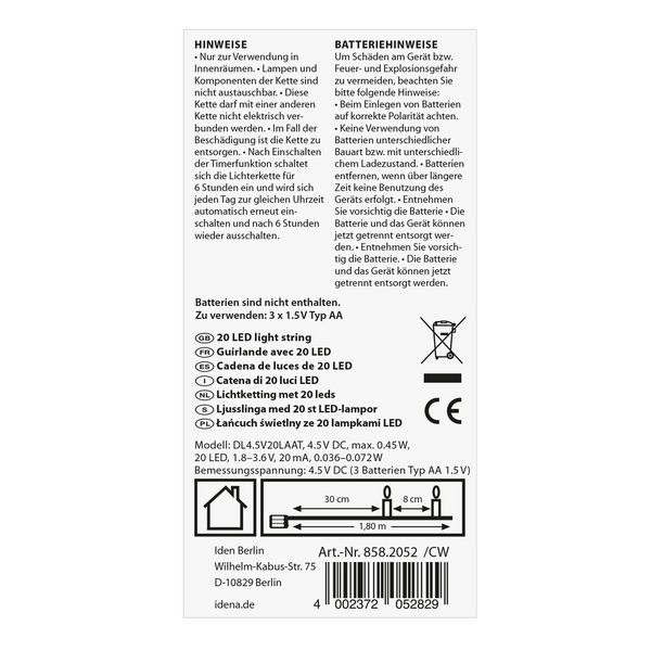 Produktbild: Idena Lichterkette 20 LED warmwei&szlig; 6h Timer 1,8m