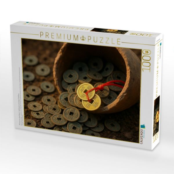Produktbild: CALVENDO Puzzle M&uuml;nzen am roten Band - Wohlstand und stetiger Geldfluss | 1000 Teile Lege-Gr&ouml;&szlig;e 64x48cm Foto-Puzzle f&uuml;r gl&uuml;ckliche Stunden