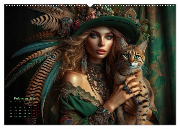 Produktbild: Luxuri&ouml;ser Bohemian Flair - Elegante Frauen mit anmutigen Katzen (Wandkalender 2026 DIN A2 quer), CALVENDO Monatskalender