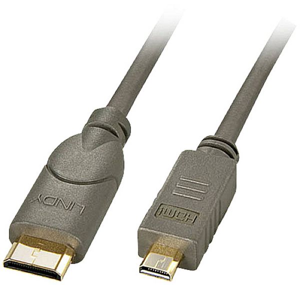 LINDY HDMI Anschlusskabel HDMI-Mini-C Stecker, HDMI-Micro-D Stecker 0.50m Grau-Silber 41340 4K UHD, OFC-Leiter, Rund, do