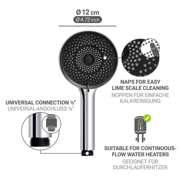 Produktbild: Duschkopf Mod. Softwater &Oslash;12 cm, chrom/schwarz, Kunststoff, mit 3 Strahlarten