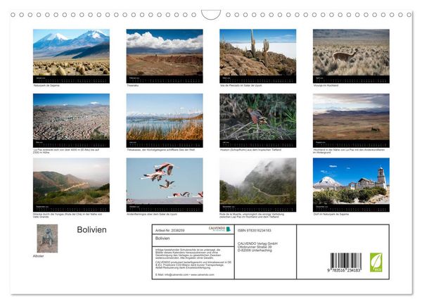 Produktbild: Bolivien (Wandkalender 2026 DIN A3 quer), CALVENDO Monatskalender