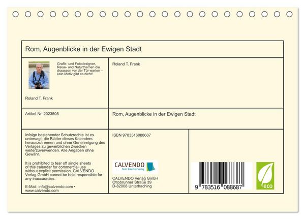 Produktbild: Rom, Augenblicke in der Ewigen Stadt (Tischkalender 2026 DIN A5 quer), CALVENDO Monatskalender