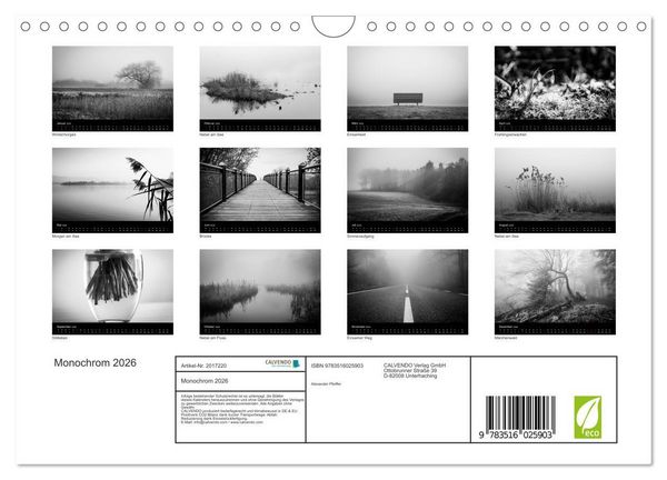 Produktbild: Monochrom 2026 (Wandkalender 2026 DIN A4 quer), CALVENDO Monatskalender