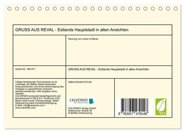 Produktbild: GRUSS AUS REVAL - Estlands Hauptstadt in alten Ansichten (Tischkalender 2026 DIN A5 quer), CALVENDO Monatskalender