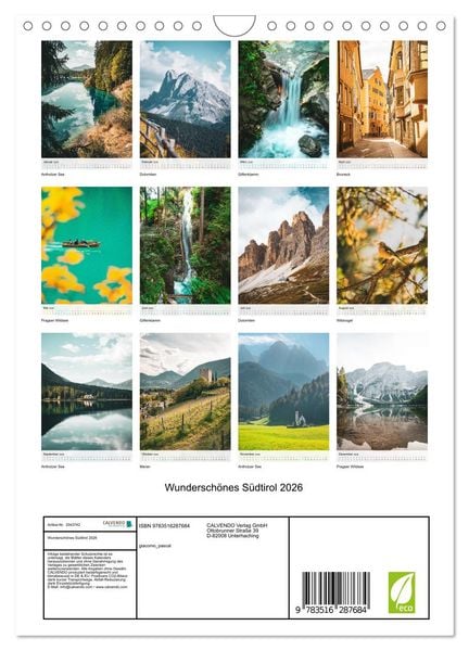 Produktbild: Wundersch&ouml;nes S&uuml;dtirol 2026 (Wandkalender 2026 DIN A4 hoch), CALVENDO Monatskalender