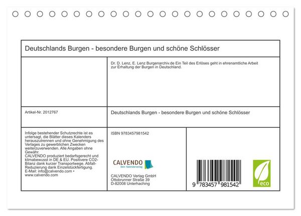 Produktbild: Deutschlands Burgen - besondere Burgen und sch&ouml;ne Schl&ouml;sser (Tischkalender 2026 DIN A5 quer), CALVENDO Monatskalender