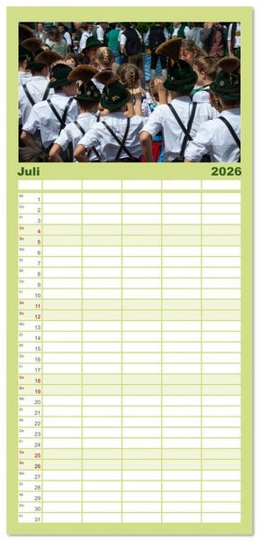 Produktbild: Familienplaner 2026 - Maibaum aufstellen mit 5 Spalten (Wandkalender, 21 x 45 cm) CALVENDO