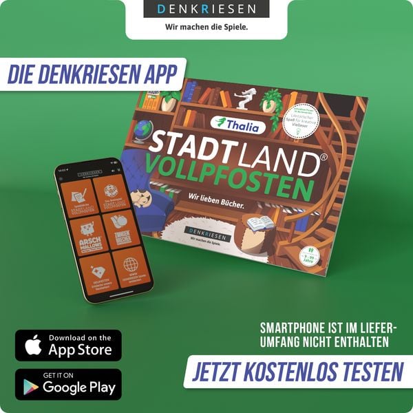 Produktbild: DENKRIESEN - Stadt Land Vollpfosten® Thalia Edition – "Wir lieben Bücher." ¦ A4 Spielblock
