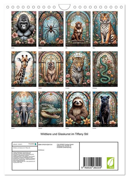 Produktbild: Wildtiere und Glaskunst im Tiffany Stil (Wandkalender 2026 DIN A4 hoch), CALVENDO Monatskalender