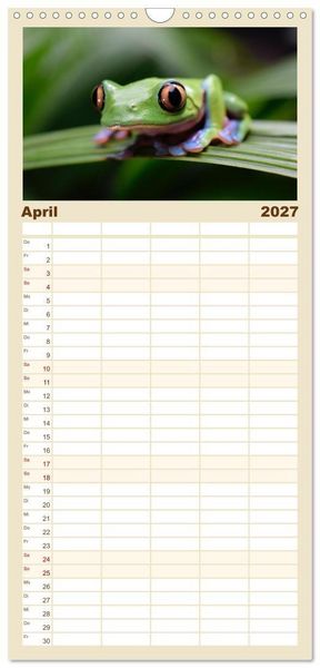 Produktbild: Familienplaner 2027 - Fr&ouml;sche - Die wundersch&ouml;ne Welt der bunten H&uuml;pfer. mit 5 Spalten (Wandkalender, 21 x 45 cm) CALVENDO