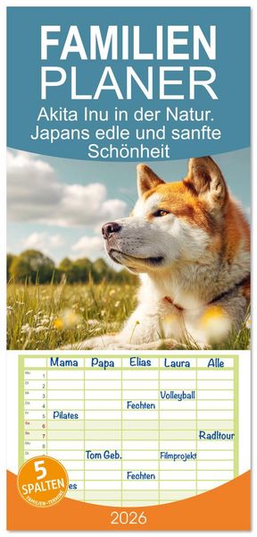 Familienplaner 2026 - Akita Inu in der Natur. Japans edle und sanfte Schönheit mit 5 Spalten (Wandkalender, 21 x 45 cm) CALVENDO