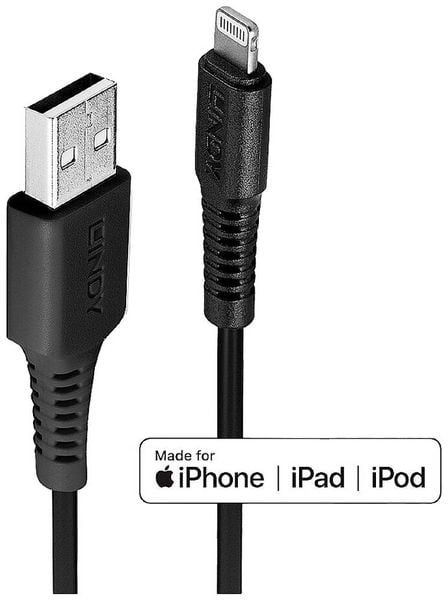 LINDY USB-Kabel USB 2.0 Apple Lightning Stecker, USB-A Stecker 1.00m Schwarz 31320