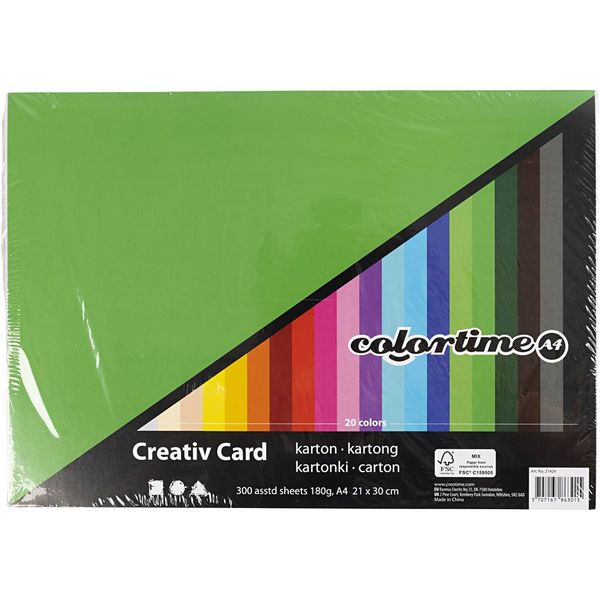 Produktbild: Creativ Company Farbkarton, A4, Blatt 210x297 mm, 180 g, sortierte Farben, 300 Blatt sortiert