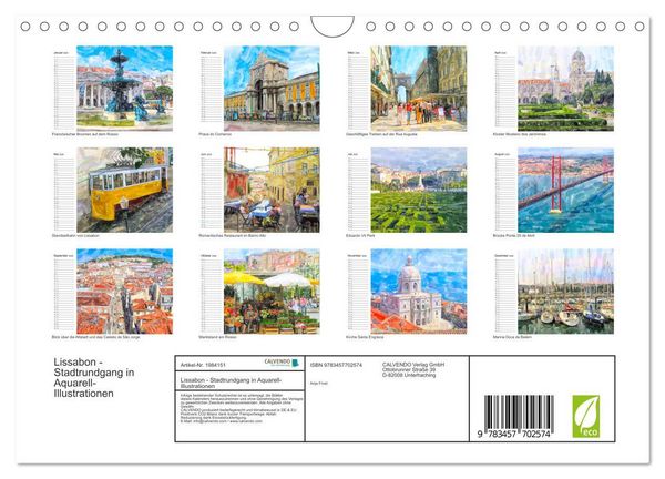 Produktbild: Lissabon - Stadtrundgang in Aquarell-Illustrationen (Wandkalender 2026 DIN A4 quer), CALVENDO Monatskalender