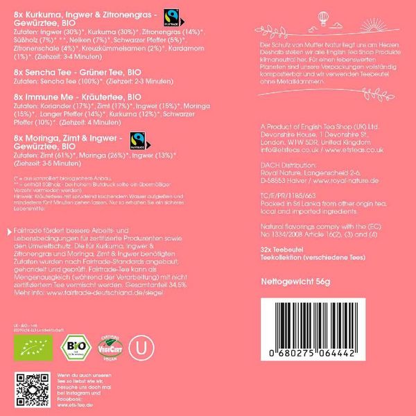 Produktbild: BIO Tee Kollektion "Feelgood Moments", Ayurveda Tee Probierbox & Geschenk zum Wohlf&uuml;hlen, 4 Sorten, 32 Teebeutel