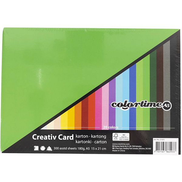 Produktbild: Creativ Company Farbkarton, A5, Blatt 148x210 mm, 180 g, sortierte Farben, 300 Blatt sortiert
