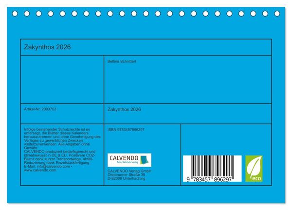 Produktbild: Zakynthos 2026 (Tischkalender 2026 DIN A5 quer), CALVENDO Monatskalender