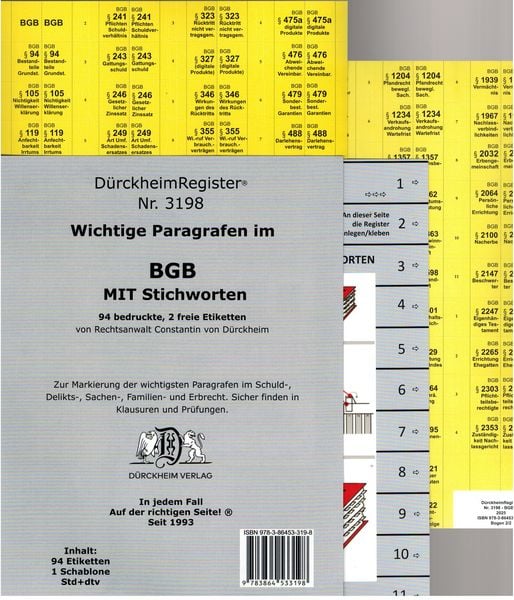 DürckheimRegister BGB - WICHTIGE §§ MIT STICHWORTEN Im Bürgerlichen Gesetzbuch, Pappband von Constantin Dürckheim, Dürckheim Verlag,