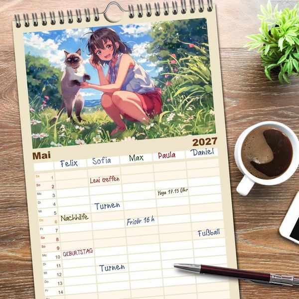 Produktbild: Familienplaner 2027 - Tierische Anime-Freunde - Fr&ouml;hliche Streifz&uuml;ge mit Hund und Katze mit 5 Spalten (Wandkalender, 21 x 45 cm) CALVENDO