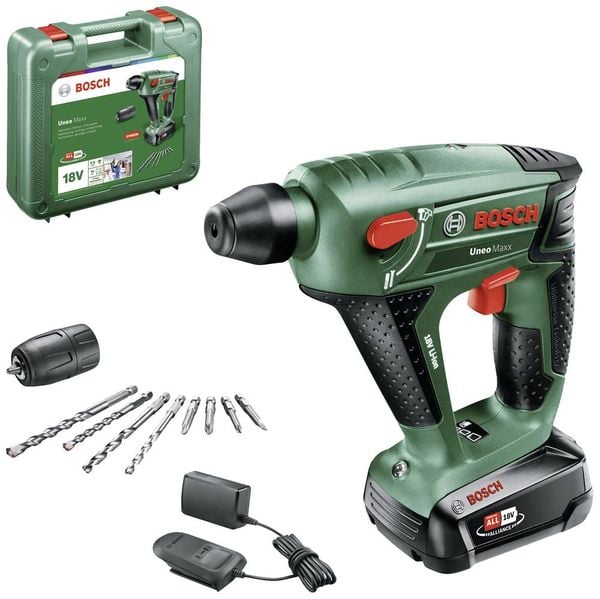 Bosch Home and Garden Uneo Maxx SDS-Quick-Akku-Bohrhammer 18 V 2.0 Ah Li-Ion inkl. Akku, inkl. Ladegerät, inkl. Koffer