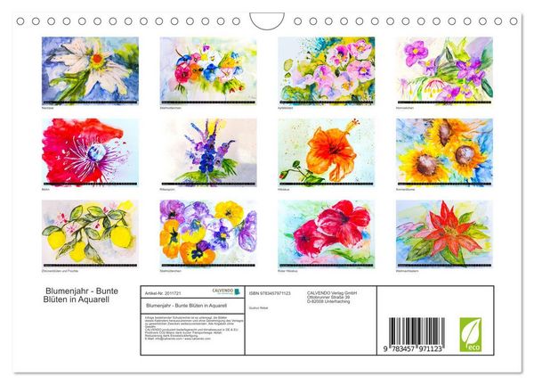 Produktbild: Blumenjahr - Bunte Bl&uuml;ten in Aquarell (Wandkalender 2026 DIN A4 quer), CALVENDO Monatskalender
