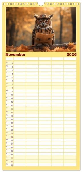 Produktbild: Familienplaner 2026 - Eulen im Wald - Die geheimen Jobs und Aufgaben mit 5 Spalten (Wandkalender, 21 x 45 cm) CALVENDO