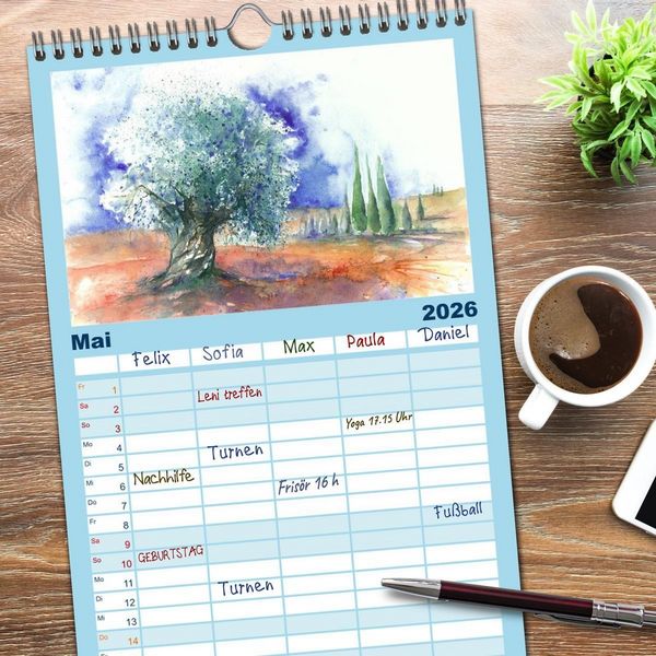 Produktbild: Familienplaner 2026 - Toskana Aquarelle mit 5 Spalten (Wandkalender, 21 x 45 cm) CALVENDO