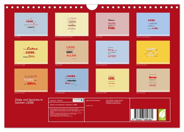 Produktbild: Zitate und Spr&uuml;che In Sachen LIEBE (Wandkalender 2026 DIN A4 quer), CALVENDO Monatskalender