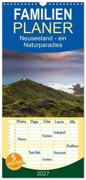 Produktbild: Familienplaner 2027 - Neuseeland - ein Naturparadies mit 5 Spalten (Wandkalender, 21 x 45 cm) CALVENDO