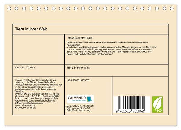 Produktbild: Tiere in ihrer Welt (Tischkalender 2026 DIN A5 quer), CALVENDO Monatskalender