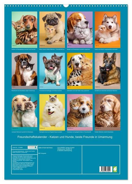 Produktbild: Freundschaftskalender - Katzen und Hunde, beste Freunde in Umarmung (Wandkalender 2026 DIN A2 hoch), CALVENDO Monatskalender