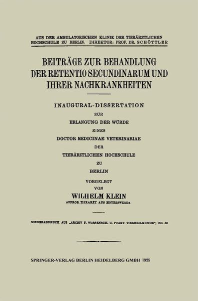 Produktbild: Beitr&auml;ge zur Behandlung der Retentio Secundinarum und Ihrer Nachkrankheiten
