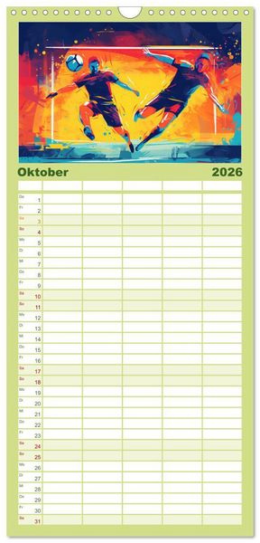 Produktbild: Familienplaner 2026 - Magie des Fussballs - Illustrierte Emotionen auf dem Rasen mit 5 Spalten (Wandkalender, 21 x 45 cm) CALVENDO