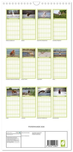 Produktbild: Familienplaner 2026 - POWERHUNDE 2026 mit 5 Spalten (Wandkalender, 21 x 45 cm) CALVENDO
