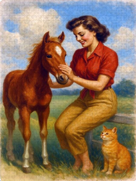 Produktbild: CALVENDO Puzzle Frau der 50er Jahre besucht Fohlen | 2000 Teile Lege-Gr&ouml;&szlig;e 90x67cm Foto-Puzzle f&uuml;r gl&uuml;ckliche Stunden