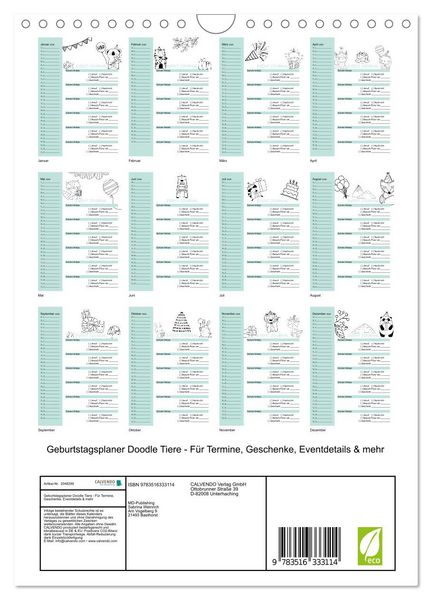 Produktbild: Geburtstagsplaner Doodle Tiere - F&uuml;r Termine, Geschenke, Eventdetails & mehr (Wandkalender 2026 DIN A4 hoch), CALVENDO Monatskalender