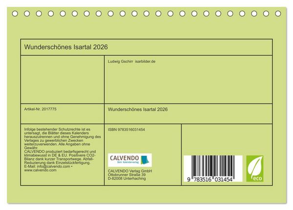 Produktbild: Wundersch&ouml;nes Isartal 2026 (Tischkalender 2026 DIN A5 quer), CALVENDO Monatskalender