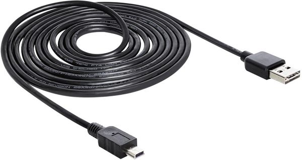 Produktbild: Delock USB-Kabel USB 2.0 USB-A Stecker, USB-Mini-B Stecker 5.00 m Schwarz beidseitig verwendbarer Stecker, vergoldete Steckkontakte, UL-zertifiziert