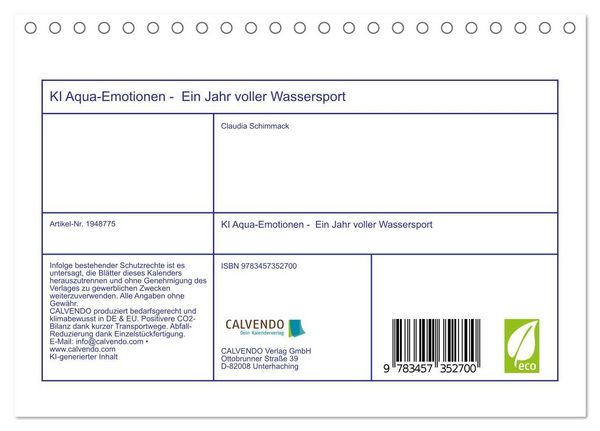 Produktbild: KI Aqua-Emotionen - Ein Jahr voller Wassersport (Tischkalender 2026 DIN A5 quer), CALVENDO Monatskalender