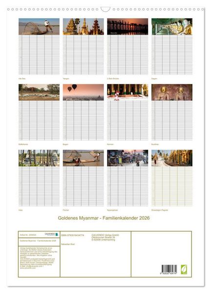Produktbild: Goldenes Myanmar - Familienkalender 2026 (Wandkalender 2026 DIN A2 hoch), CALVENDO Monatskalender