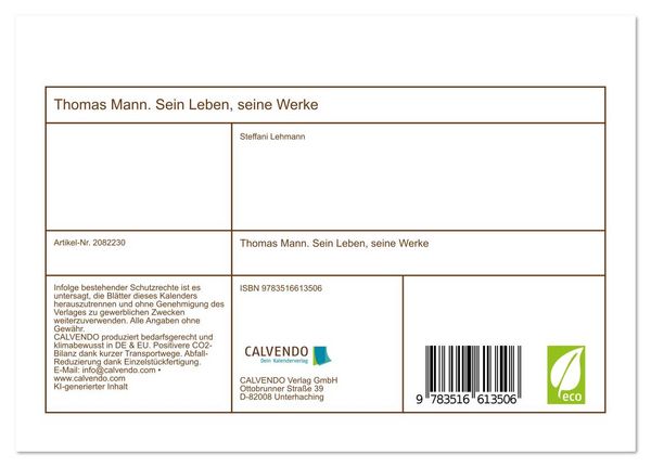 Produktbild: Thomas Mann. Sein Leben, seine Werke (Tischkalender 2026 DIN A5 quer), CALVENDO Monatskalender