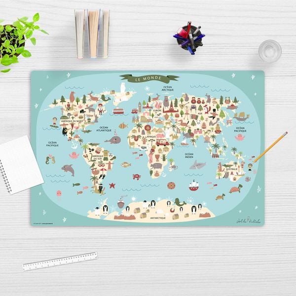 Produktbild: Cover-your-desk Schreibtischunterlage f&uuml;r Kinder Weltkarte in franz&ouml;sisch blau, aus hochwertigem Vinyl , 60 x 40 cm