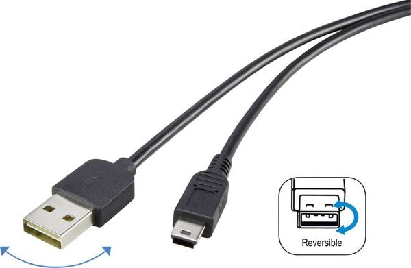 Renkforce USB-Kabel USB 2.0 USB-A Stecker, USB-Mini-B Stecker 1.80 m Schwarz beidseitig verwendbarer Stecker, vergoldete