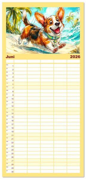 Produktbild: Familienplaner 2026 - Lustige Corgis. Niedliche Cartoons von gl&uuml;cklichen Hunden mit 5 Spalten (Wandkalender, 21 x 45 cm) CALVENDO