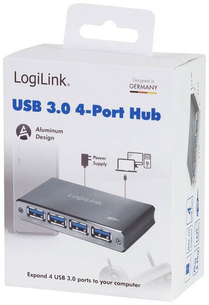 Produktbild: LogiLink UA0282 USB-Hub 4 Port USB-A USB 3.0 5 GBit/s mit Aluminiumgeh&auml;use, mit Status-LEDs Spacegrau UA0282